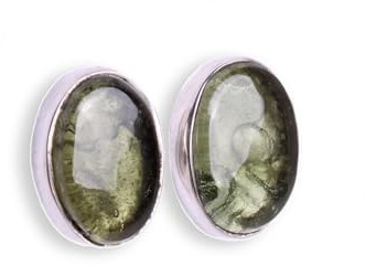 Budawi® Moldavit Cabochon Ohrstecker 925 Silber Schraubverschluss Unikat im Geschenkkarton Edelstein Ohrringe Naturstein Schmuck