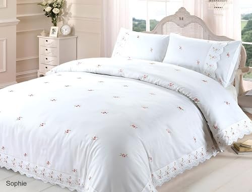 Rapport Home Duvet Quilt Cover Floral Lace Trim Embroidered Bed Set, Polyester - Cotton, White, Super King
