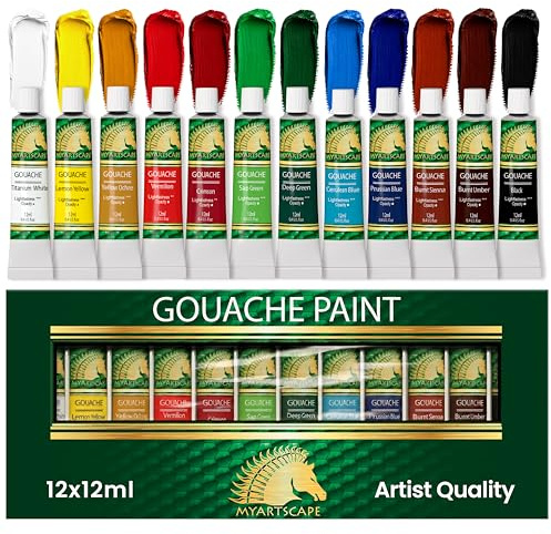 Gouache Pintura Set – 12 tubos de 12 ml – colores de calidad artista – para arte en papel para acuarela, ilustración Junta, artboard cartucho de masonita – incluye negro y blanco – profesional