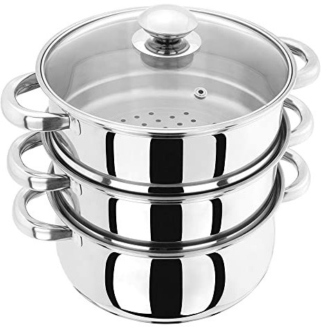 Judge Essentials Edelstahl Dampfgarer Topf, 3 Ebenen, Thermoboden & Ventilierter Glasdeckel, Ofenfester Gemüsedampfgarer mit Kühl Bleibenden Griffen - Energiesparend, Induktionsfähig – 20 cm