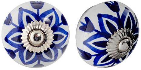 Nicola Spring Ceramic Cupboard Drawer Handle Knobs - Floral Design - Dark Blue Flower - Pack of 6
