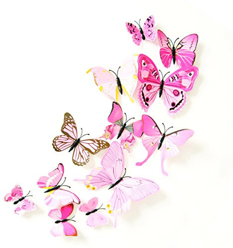 3D Schmetterlinge Blumen 12er Set Dekoration Wandtattoo (Alive (rosa))