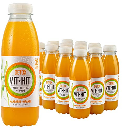 VIT HIT DETOX - 12 x Mandarin + Orange + Green Tea | Vegan, Low Sugar, Low Calories, Vitamins Drink | 100% RDA of 8 Vitamins (500ml x 12 Bottles)
