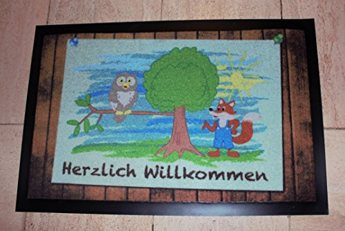 Fußmatte Fussmatte Fußabstreifer Fußabtreter Schmutzmatte robuste Fußmatte mit Eulen Eule und Fuchs Eulenfussmatte Owls Herzlich Willkommen - mit Holz Optik - witzig lustig Gr. ca. 40 x 60 cm