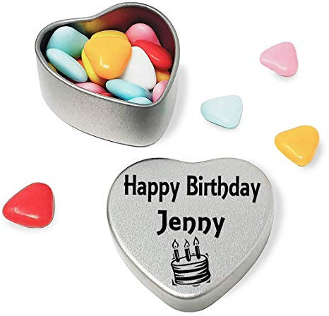 Happy Birthday Jenny Mini Silver Heart Shaped Tin Gift filled with chocolates Great Birthday present for Jenny Show somebody you are thinking of them