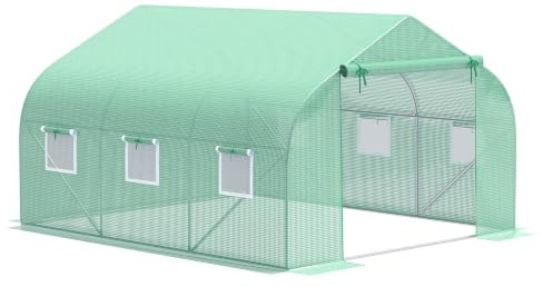 Outsunny Gewächshaus mit Rollbar Reißverschlusstür 6 Netzfenster 3,5x3x2m | 6 Netzfenster, Stützstangen, UV-beständig, Winterfest, Foliengewächshaus, Folientunnel, Tomatenhaus