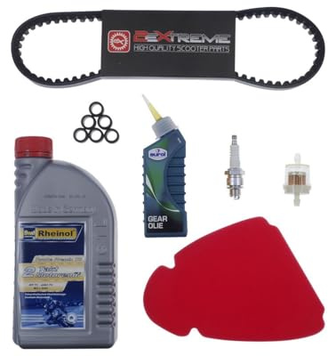 2EXTREME Inspektionsset kompatibel mit Suzuki Estilete UF 50, Katana AY 50 | Mit Zündkerze BPR6HS, Keilriemen, Luftfilter, Benzinfilter, Ölen, Variomatikgewichten; kompatibel mit Suzuki Zillion UX 50