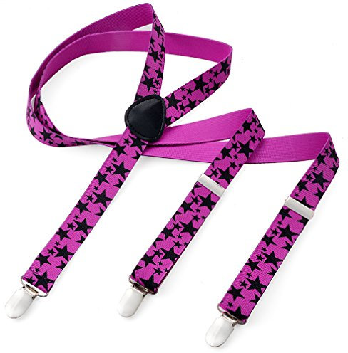 Herren Damen Long Hosenträger Y Form Style 3er Clips elastisch Schmal Unifarbe und Bunt mit verschiedenen Motiv, Mehrfarbig (Pink Stern),Gr. One Size
