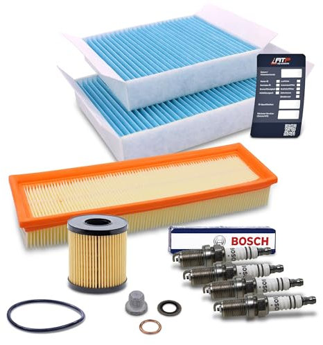 BESTPRICE Inspektionspaket Filterset mit 1x Luftfilter, 2x Innenraumfilter, 4x Zündkerze FR7DC+, 1x Ölablassschraube mit Dichtung Kompatibel mit CITROËN C3 II (SC_), PEUGEOT 207 (WA_, WC_)(WK_)