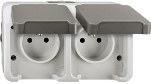Schneider Electric Merten Aufputz Doppelsteckdose mit Schutzkontaktstift, 2-fach, Berührungsschutz, IP44, Aquastar, lichtgrau, Artikelnummer MEG2520-8029