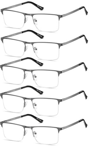 Amcedar 5er-Pack Lesebrille Herren Metall Halbrand-Federscharniere Rechteckiger Stil Edelstahl Material Enthält Computer Lesebrille +2.50