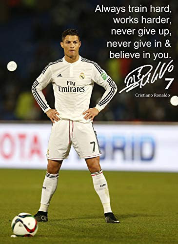 Cristiano Ronaldo # 84 – Motivationszitat – signiert (Kopie) A3 Poster – Weltspieler des Jahres – Fußball – Real Madrid Logo Hintergrund – A3 Poster – Druck – Bild