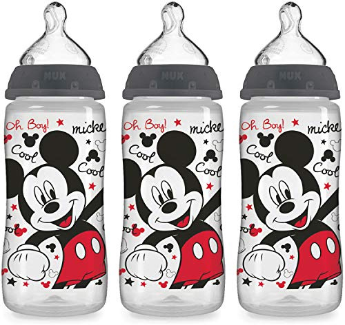 NUK - Disney Baby cuello ancho botellas silicona pezón medio flujo Mickey Mouse 0 meses + azul - 3Pack