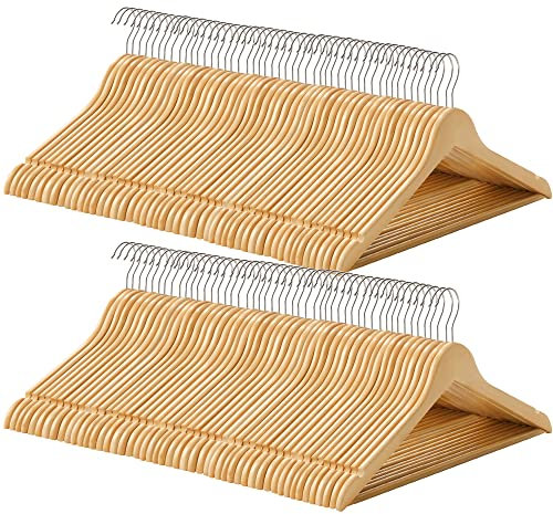 SONGMICS Cintre Bois, Lot de 100, avec Encoches Antiglisse, Barre Antidérapante pour Pantalons, Crochet Pivotant à 360°, pour Costumes, Chemises, Manteaux, Couleur Boisée et Argent CRW001-100