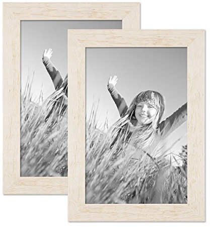 PHOTOLINI Bilderrahmen A4 21x30 cm Holz Weiß, 2er Set Echtholz-Rahmen rustikal, Strandhaus, Made in Germany, Echtglas, zum Aufhängen, extra Zubehör - Treibholzlook mit einem Hauch Küstenflair
