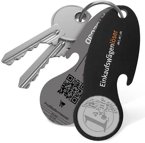Einkaufswagenlöser Münze Schwarz (1 STK.) – funktionaler Schlüsselanhänger mit Einkaufswagenchip, Flaschenöffner & Profiltiefenmesser – hochwertiger Einkaufschip mit Fundservice