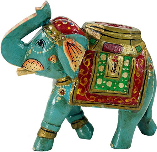 GURU SHOP Deko Elefant aus Indien, Bemalter Indischer Holzelefant, Skulptur Elefant, Mint, Farbe: Mint, 15x18x8 cm, Tierfiguren