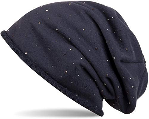 styleBREAKER Damen Beanie Mütze mit Strass-Nieten Applikation und Rollrand, warm 04024024, Farbe:Midnight-Blue