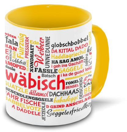 Schwaben-Tasse Tagcloud - weiß/gelb - Tasse mit typischen Wörtern im schwäbischen Dialekt | Keramik-Tasse mit 330 ml Inhalt