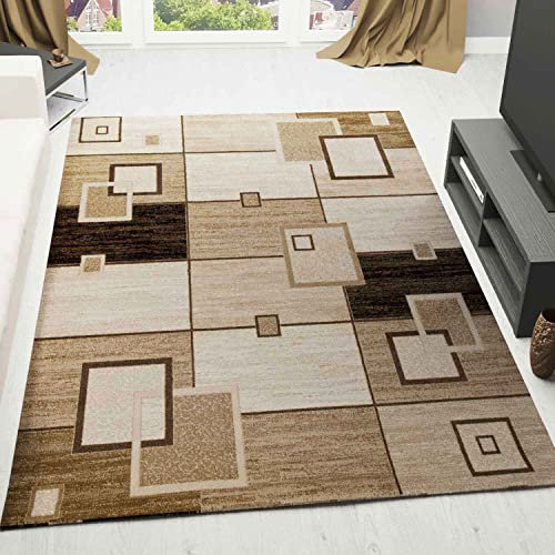 VIMODA Designer Teppich Wohnzimmer Braun Beige Kariert Retro mit geometrischen Motiven und Farbverlauf, Maße:160 x 230 cm