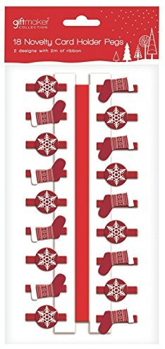 18 x Wooden Novelty Red Snowflake & Stocking Christmas Card Holder Pegs & 2 Metres of Ribbon
