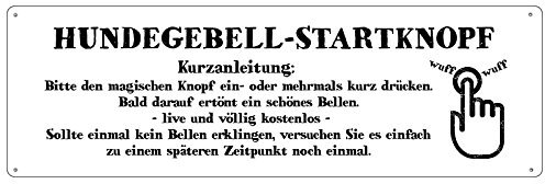 Metall Blechschild Türschild HUNDEGEBELL-STARTKNOPF Schild mit Spruch Hund Klingelschild WEISS