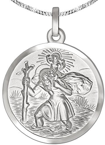 CLEVER SCHMUCK Halskette Anhänger Heiliger Christopherus rund Ø 20 mm Kette Panzer 50 cm Sterling Silber 925 im Schmucketui