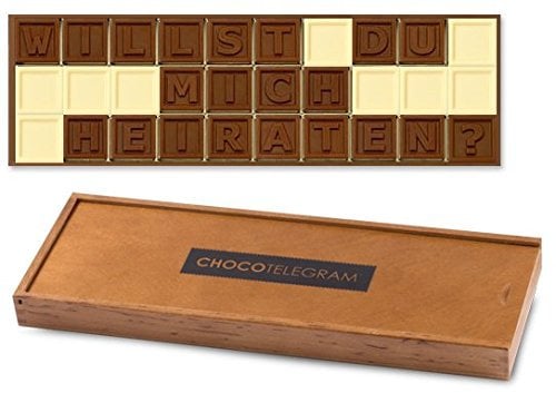 CHOCOLISSIMO - Proposition de Mariage en Chocolat - Chocolat Cadeau dans Boîte en Bois - Idée Cadeau Femme Original - Lettres en Chocolat Belge - ChocoTelegram WILLST DU MICH HEIRATEN?
