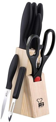 Renberg Dresde Juego De 5 Cuchillos - Acero Inoxidable - Cuchi Chef 18 cm - Cuchi De Pan 20 cm - Cuchi Multiusos 12.5 cm - Cuchi De Pelar 8.75 cm - Tijeras y Pelador- Mango Negro - Bloque De Madera