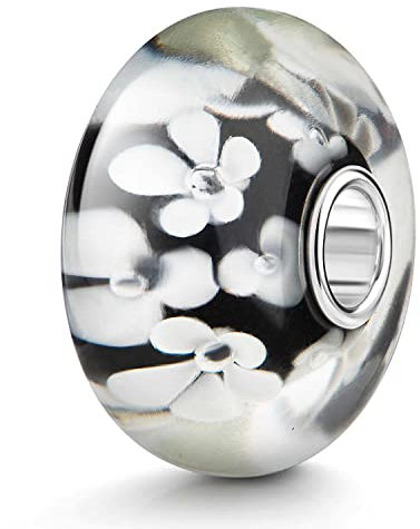 MATERIA by Matthias Wagner XXL Glas Bead Anhänger Blumen MARGARITE Bead schwarz weiß für Halskette mit Silber Hülse 332