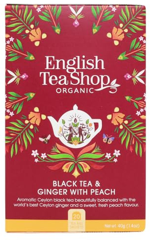 ETS - Schwarzer Tee, Ingwer & Pfirsich, BIO, 20 Teebeutel | aromatischer Schwarztee mit Ceylon Ingwer und süß-frischer Pfirsich-Note
