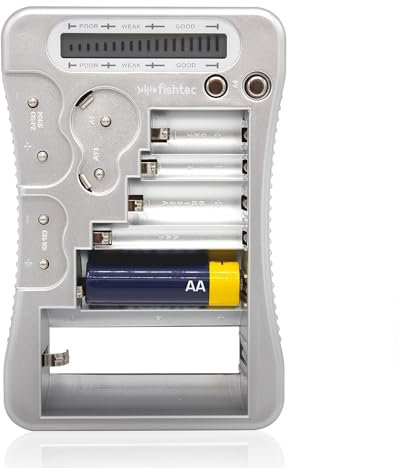 FISHTEC Testeur de Piles - Universel - Affichage instantané - Niveau de Batterie - Compatible : AAA (LR3) AA (LR6) C (LR14) D (LR20) Block (9 V), Les Piles Boutons Lithium, alcalines de 1,5 à 3V