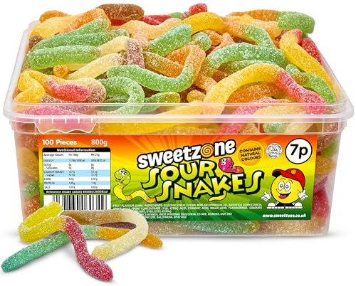 Sweetzone Sour Snakes Tub 800 g, 100 Pcs Halal Sweets Tub, Sour Sweets, Gummy Candy, Jelly Sweets, Gummies Candy, Fizzy Sweets, Tubs of Retro Sweets for Your Sweeth Tooth