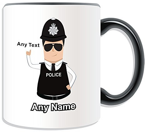 Personalised Gift - Police Constable/Sergeant Mug (Police Design Theme, Colour Options) - Any Name/Message on Your Unique - PC SGT CID DS - Dark/Black Hair Policeman Hat Cap Helmet - Detective