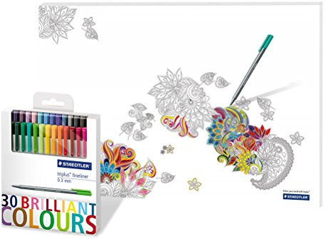 Staedtler 334 C30P Triplus Fineliner 30 Farben Promotion Set, 24 + 6 + Schreibunterlage Johanna Basford 60x42cm