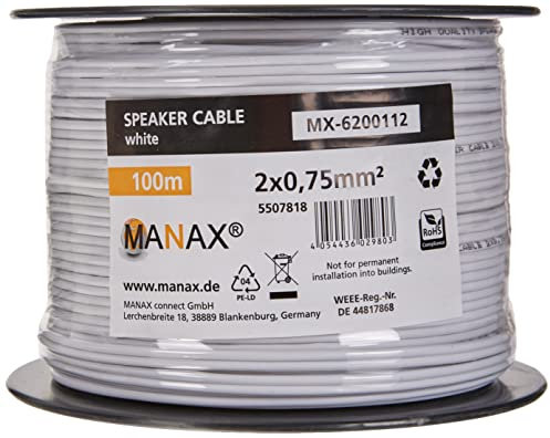 Manax sc2075w Cable de Altavoz 2X 0.75 mm² cca (Altavoz/Cable de Audio), Anillo 100m Blanco.
