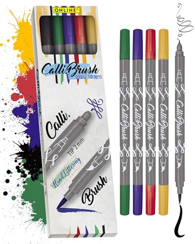 ONLINE Brush-Pen Set Calli.Brush Classic I 5 Double-Tip Pinselstifte mit Kalligrafie-Spitze & Pinselspitze I Ungiftige Handlettering Stifte als Kalligraphie Set für Bullet Journals, Aquarell, Mandalas