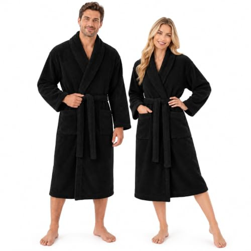 Adore Home Mens & Ladies 100% Cotton Shawl Collar Bathrobe Dressing Gown | Men's & Women's Soft Absorbent Robe with Shawl Collar, Belt and Pockets