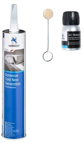 Normfest Scheibenkleber-Set Screenox Cold | 4-teilig | 300 ml Kartusche Scheibenkleber Screenox Cold - New Generation | 3in1 Multiprimer 30 ml | Primerbürste | Kartuschenspitze