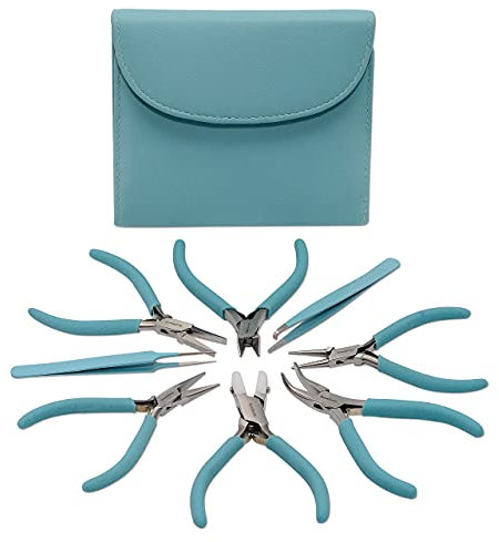 The Beadsmith Fashion Color Pliers – Set of 8 Slimline Color-Coordinated Tools – Matching Clutch in Light Blue – Jewelry Making Supply Kit to Create Necklaces, Bracelets, Earrings & More