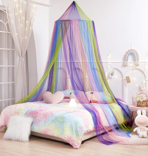 Regenbogen-Betthimmel für Mädchen, Größe XL, Prinzessinnen-Betthimmel, Regenbogen-Schlafzimmer-Zubehör, Dekoration, Moskitonetz, Kuppel-Baldachin für Doppel- bis King-Size-Bett