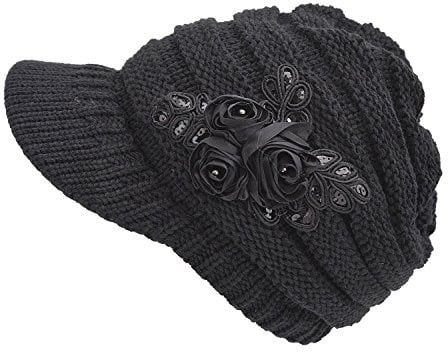 Tuopuda® Strickmütze mit Schild Winter Strickmütze Beanie Cap mit Blume (schwarz)