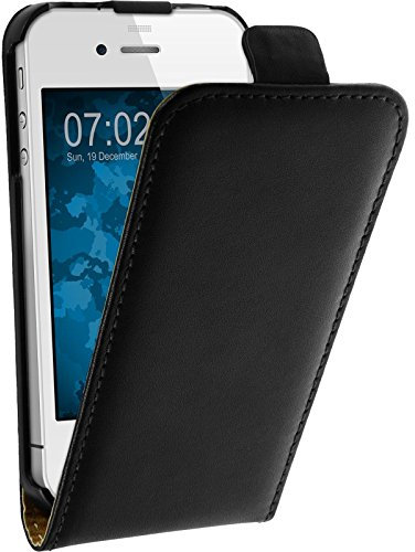 PhoneNatic Kunst-Lederhülle kompatibel mit Apple iPhone 4S - Flip-Case schwarz + 2 Schutzfolien