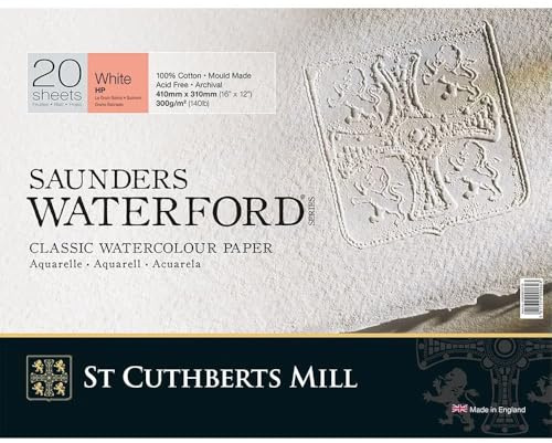 St Cuthberts Saunders Waterford HP Block White 300gsm 410 x 310mm 20 Sheets | Hot Pressed Paper, Professional Watercolour Paper, For Professional Artists