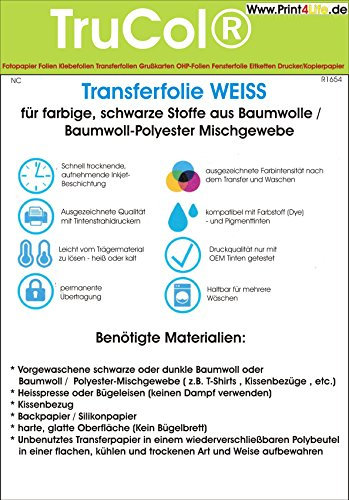trucol Inkjet Transferpapier zum aufbügeln auf dunkle farbige T-Shirts, DIN A4, 20 Blatt Transferfolie T-Shirtfolie Weiss für Baumwollstoffe und Bauwoll-Polyester-Mischgewebe