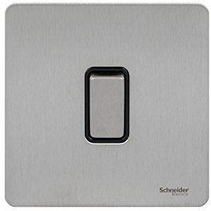 Schneider Electric Ultimate Screwless Flat Plate - Single Rocker 2 Way Light Switch, Single Pole, 16AX, GU1412BSS, Stainless Steel with Black Insert