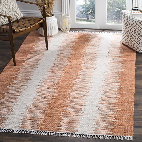 SAFAVIEH Montauk Collection Area Rug - 6' Square, Orange, Handmade Stripe Fringe Cotton, Ideal for High Traffic Areas in Living Room, Bedroom (MTK751C)
