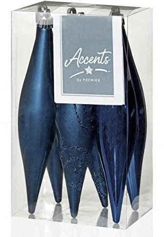 6 x Midnight Blue Icicle / Tear Drop Christmas Tree Baubles by Premier