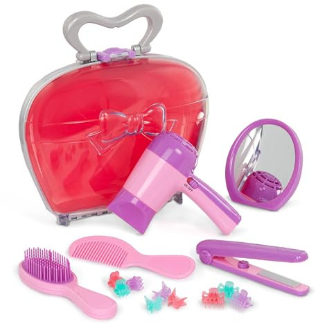 Battat Play Circle Asciugacapelli con suoni e aria Custodia per il trasporto Accessori da salone Giocattoli per finta Negozio di bellezza 3 anni + (15 pezzi)
