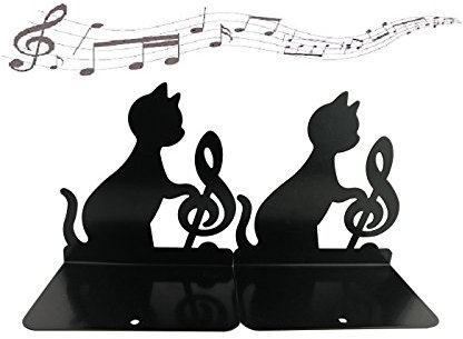 Lot de 2 Serre-Livres en métal Fin antidérapants en Forme de Chats et Note de Musique pour bibliothèque, école, Bureau, Maison Music Note